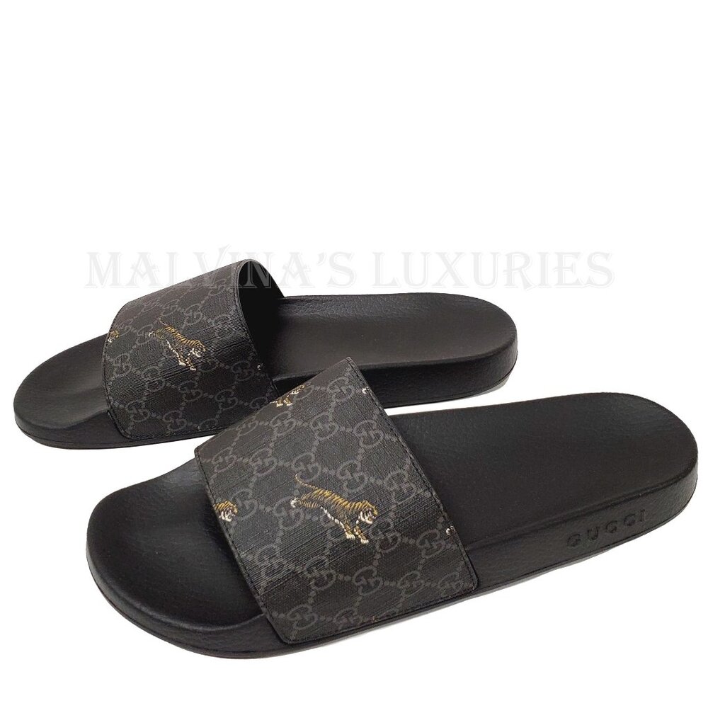 GUCCI SHOES MENS GG SUPREME CANVAS LOGO TIGER SLIDES SANDALS Size 9/ US 9.5 - Picture 4 of 15
